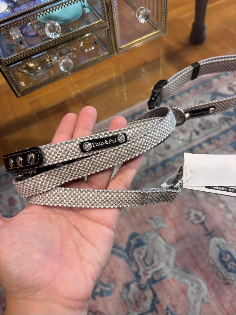 Toto & Pal Gray & Cream Textured Dog Leash with Swarovski Crystal Studded Tag